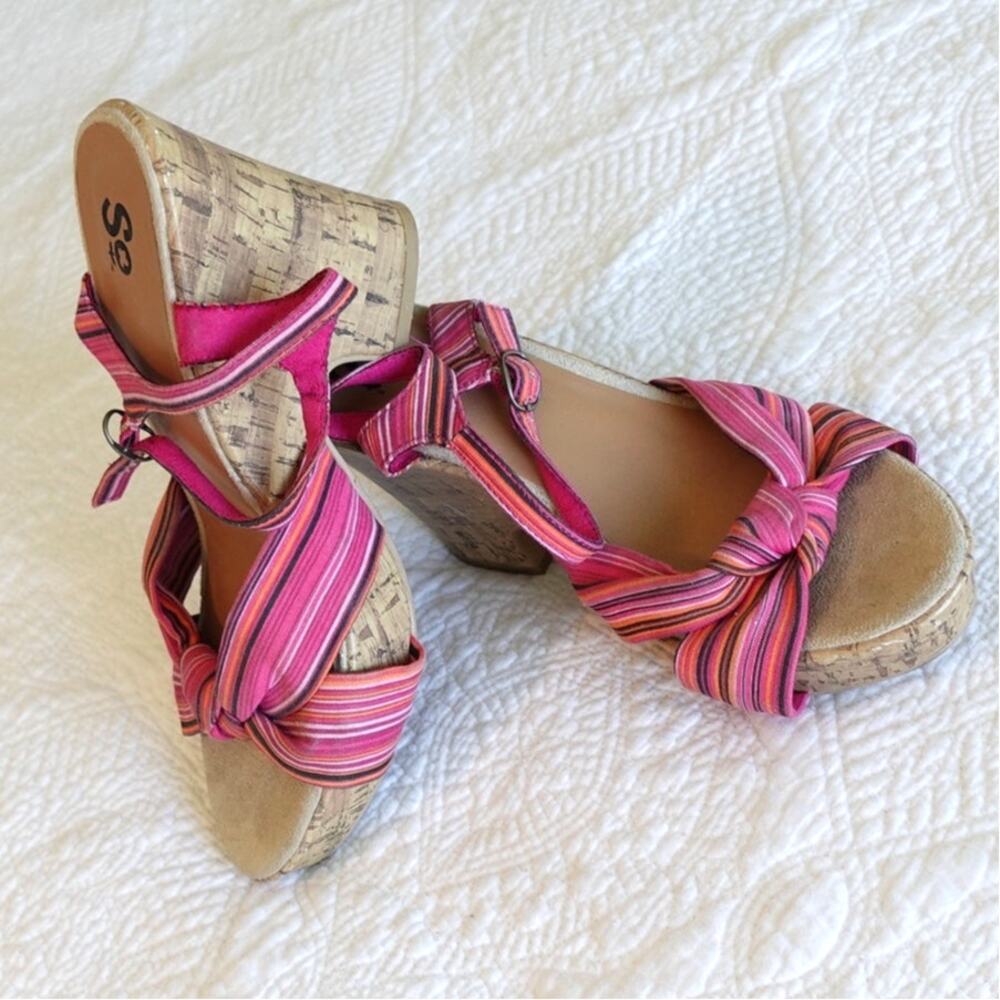 SO Hailey Pink Summer Stripped Cork Wedge Heel Sandal / Shoe